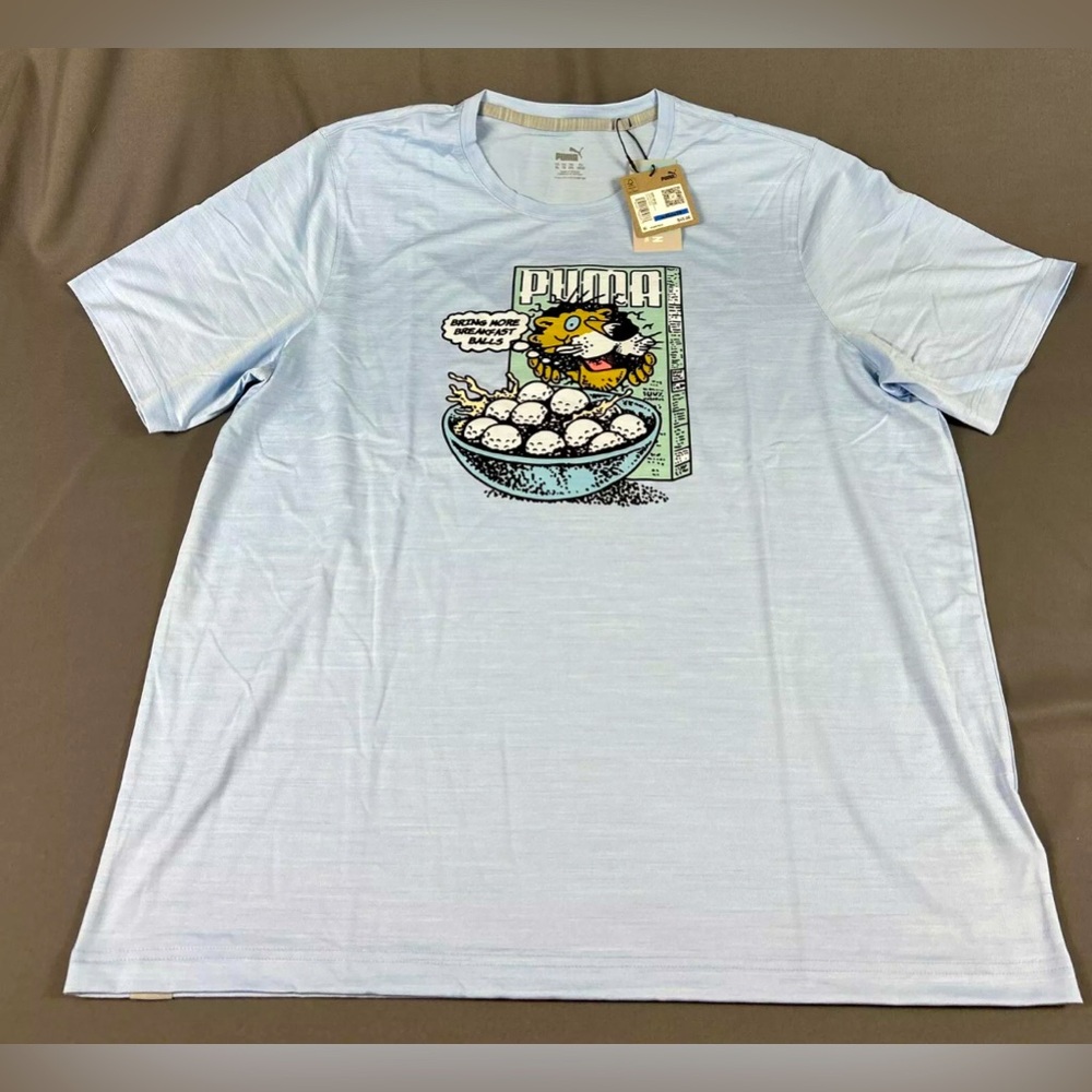 Puma Golf Shirt Tee T-Shirt Cloudspun Breakfast Ball Print XL Blue Polyester